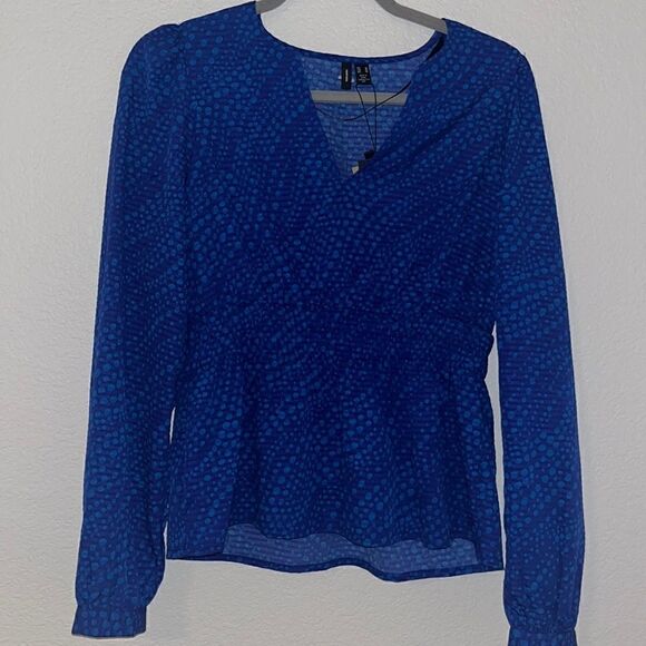Nwt - Vero Moda Long Sleeve Polka Dot V Neck Top - Picture 1 of 6